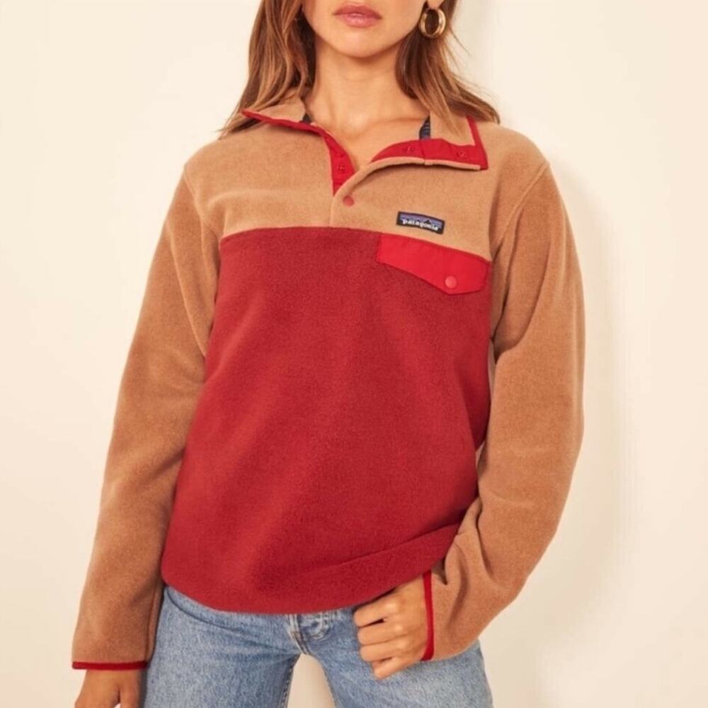 Patagonia Women's Synchilla Snap-T Pullover Sweater Molten Lava Red Tan XL